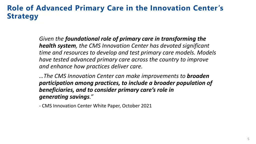 role of advanced primary care in the innovation