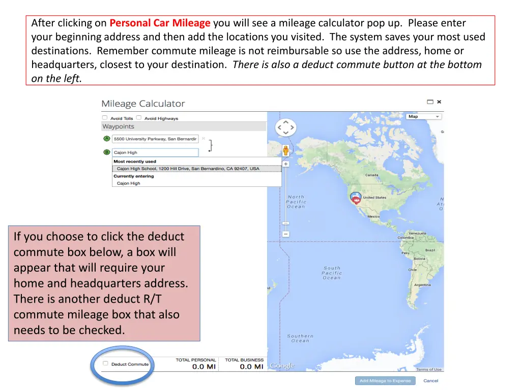 after clicking on personal car mileage you will