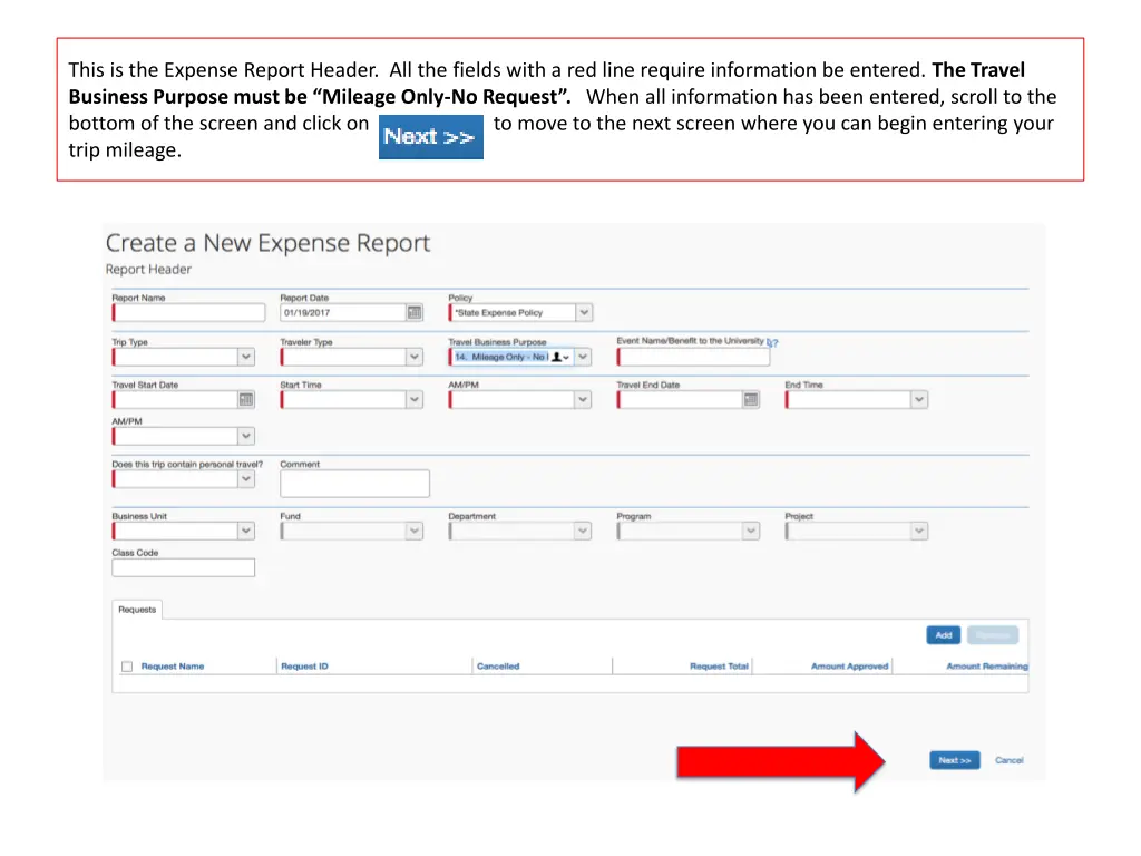 this is the expense report header all the fields