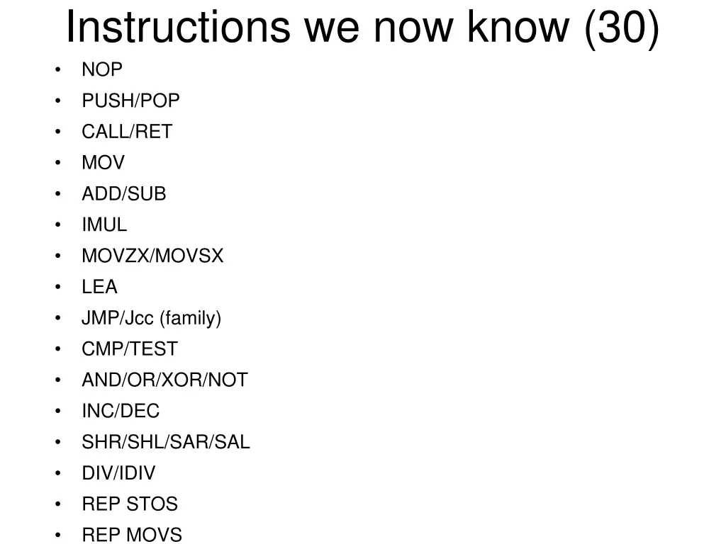instructions we now know 30 nop push pop call