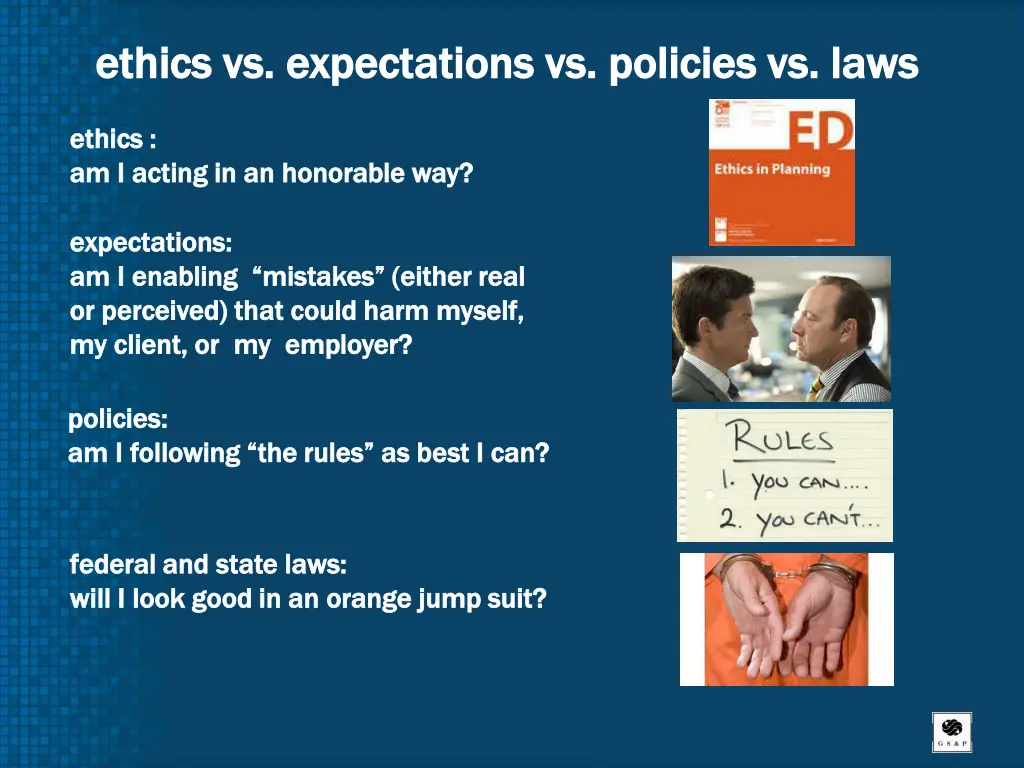 e ethics vs expectations vs policies vs laws