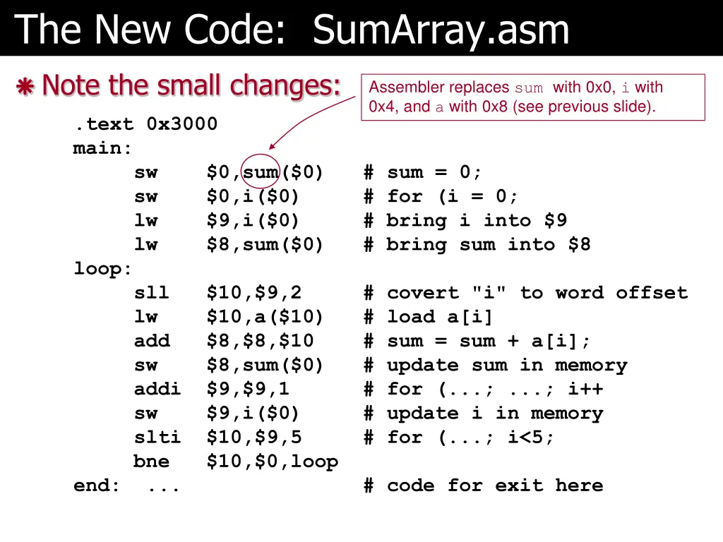 the new code sumarray asm