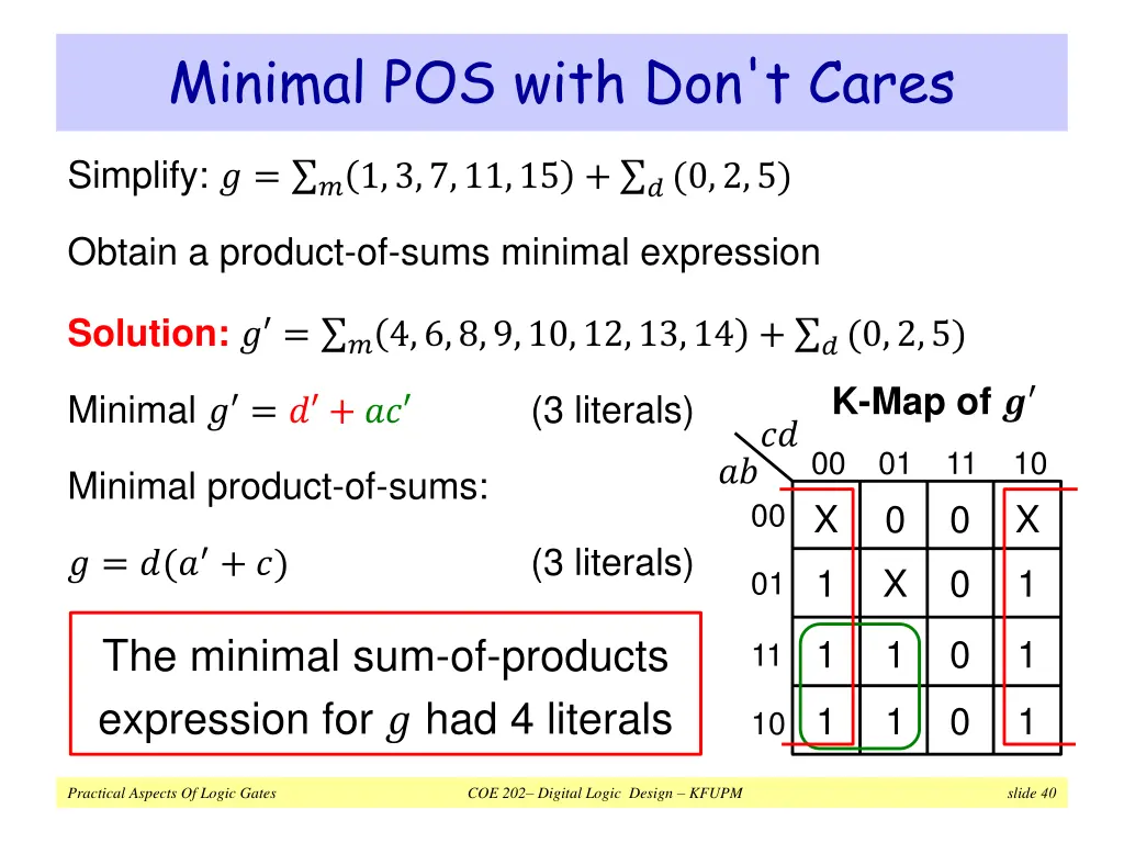 minimal pos with don t cares