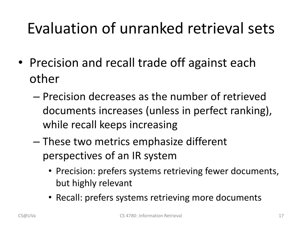 evaluation of unranked retrieval sets 1