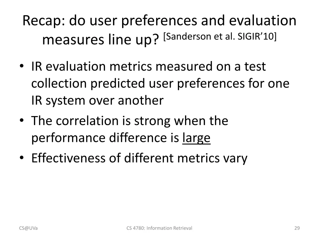 recap do user preferences and evaluation measures