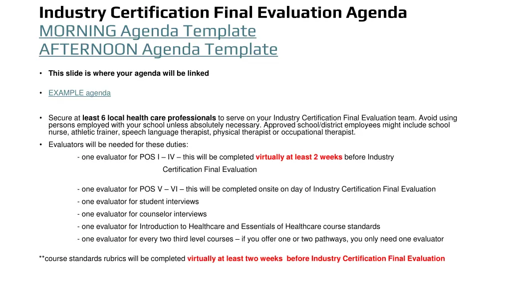industry certification final evaluation agenda