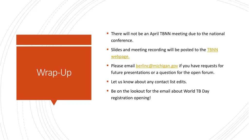 there will not be an april tbnn meeting