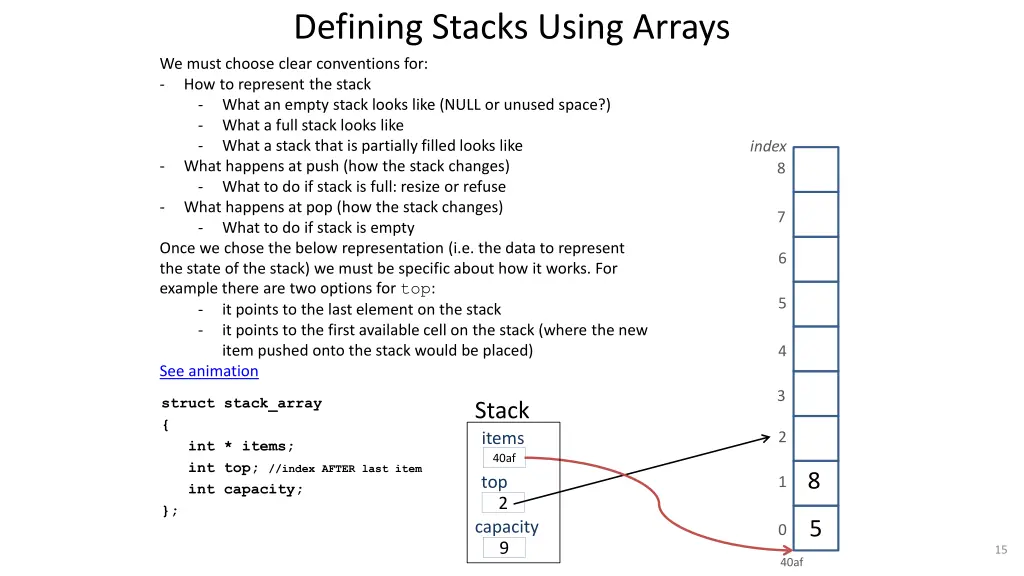 defining stacks using arrays we must choose clear