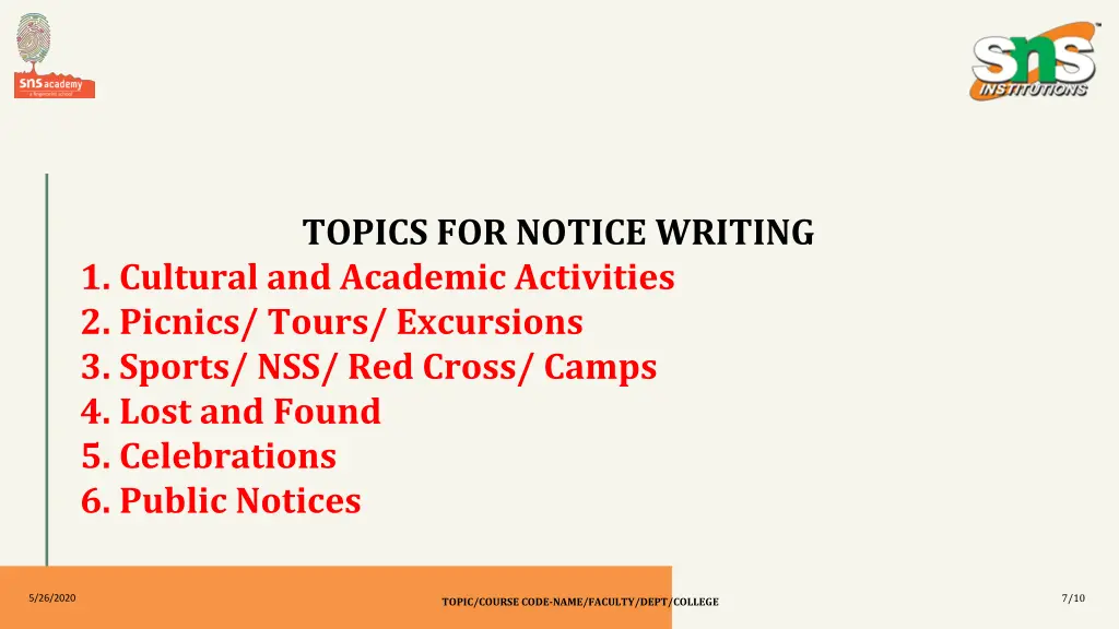 topics for notice writing 1 cultural and academic