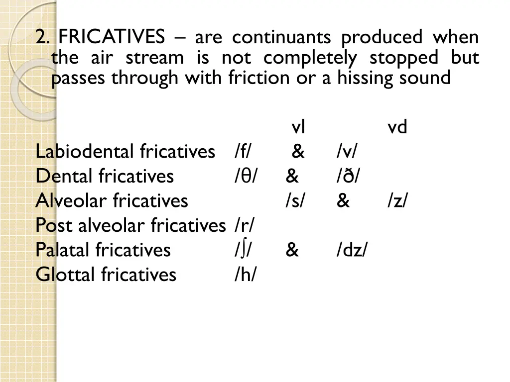 2 fricatives are continuants produced when