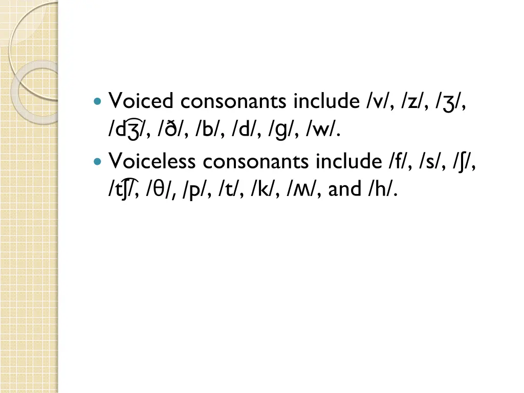 voiced consonants include v z d b d w voiceless