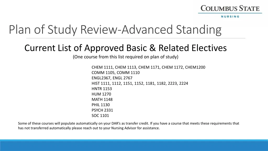 plan of study review advanced standing