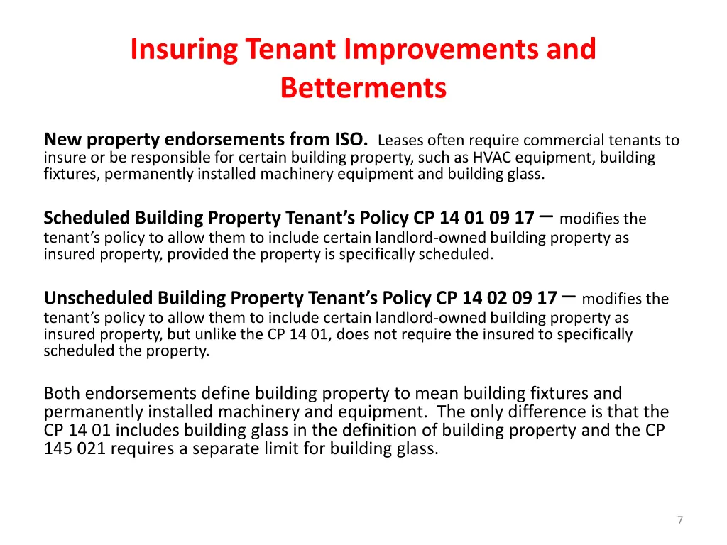 insuring tenant improvements and betterments 1