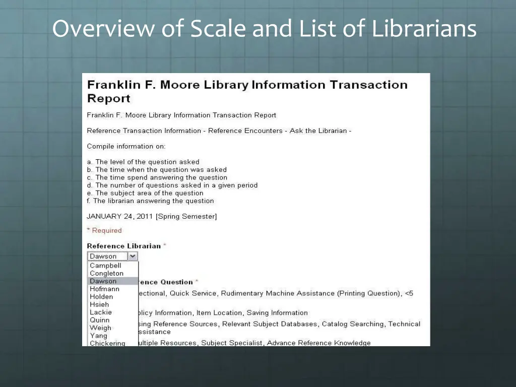 overview of scale and list of librarians