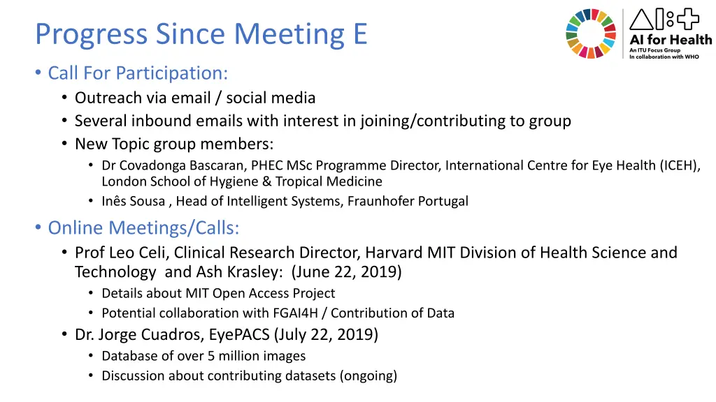 progress since meeting e call for participation