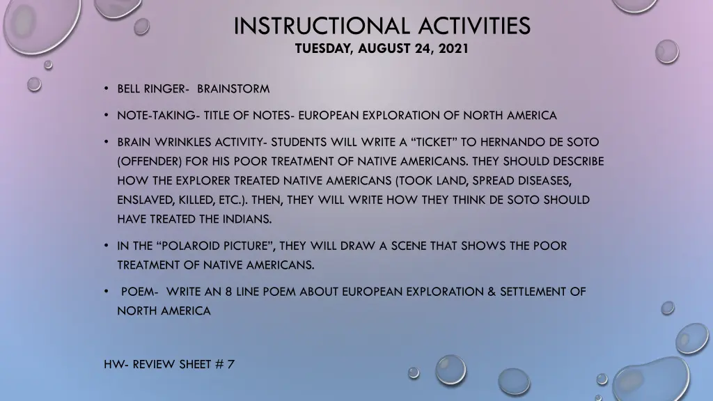 instructional activities tuesday august 24 2021