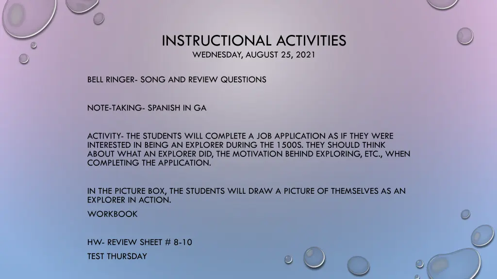 instructional activities wednesday august 25 2021