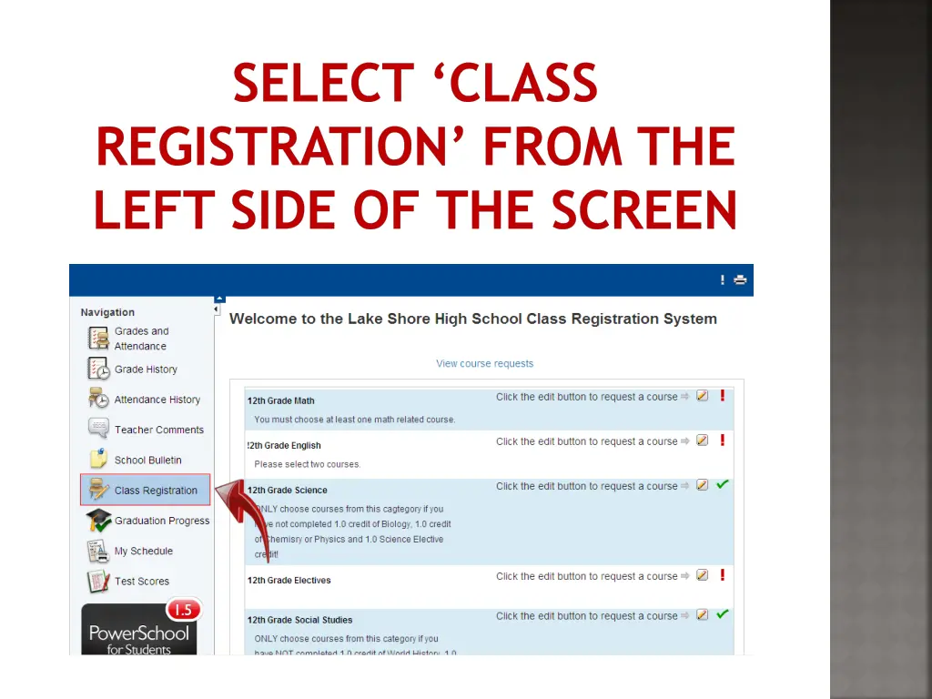 select class registration from the left side