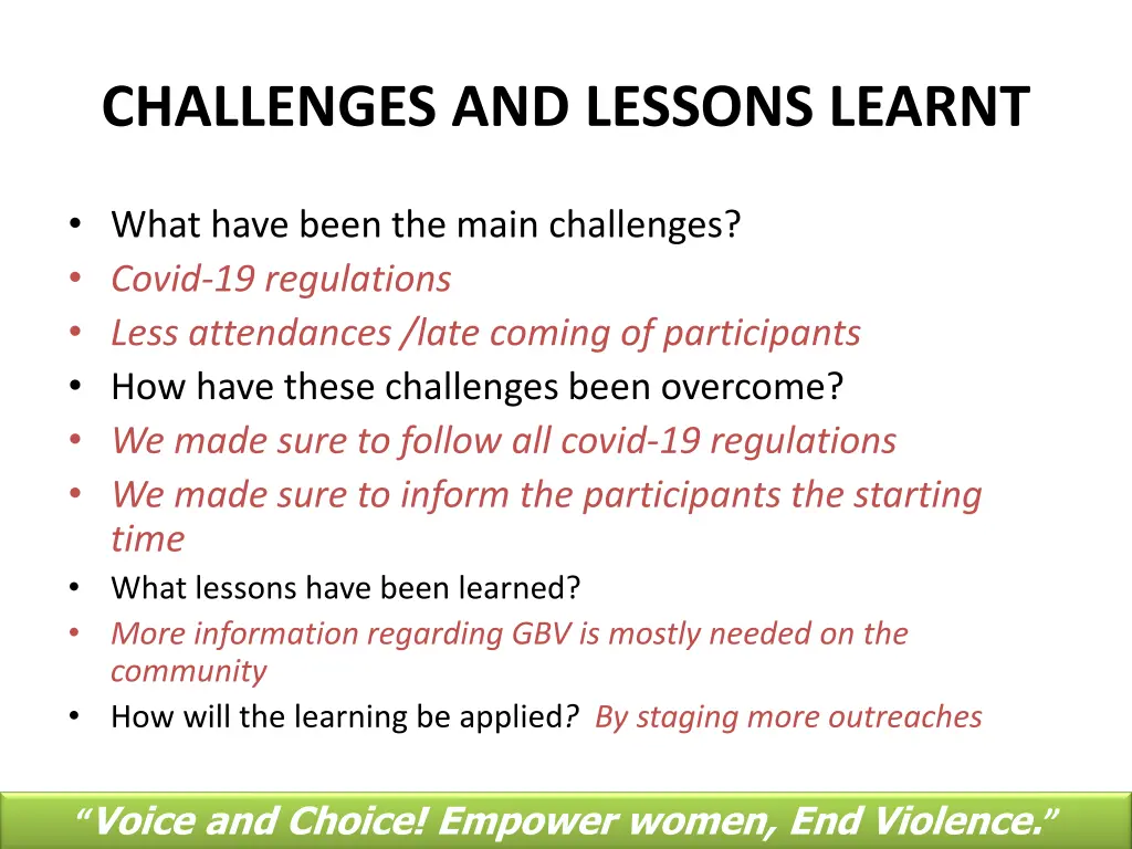 challenges and lessons learnt