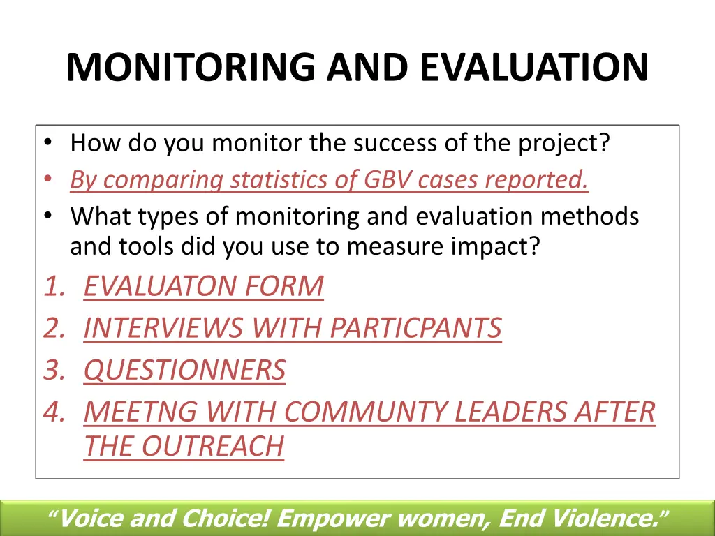 monitoring and evaluation