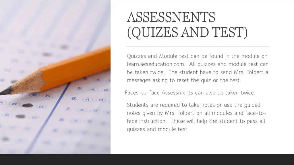 assessnents quizes and test