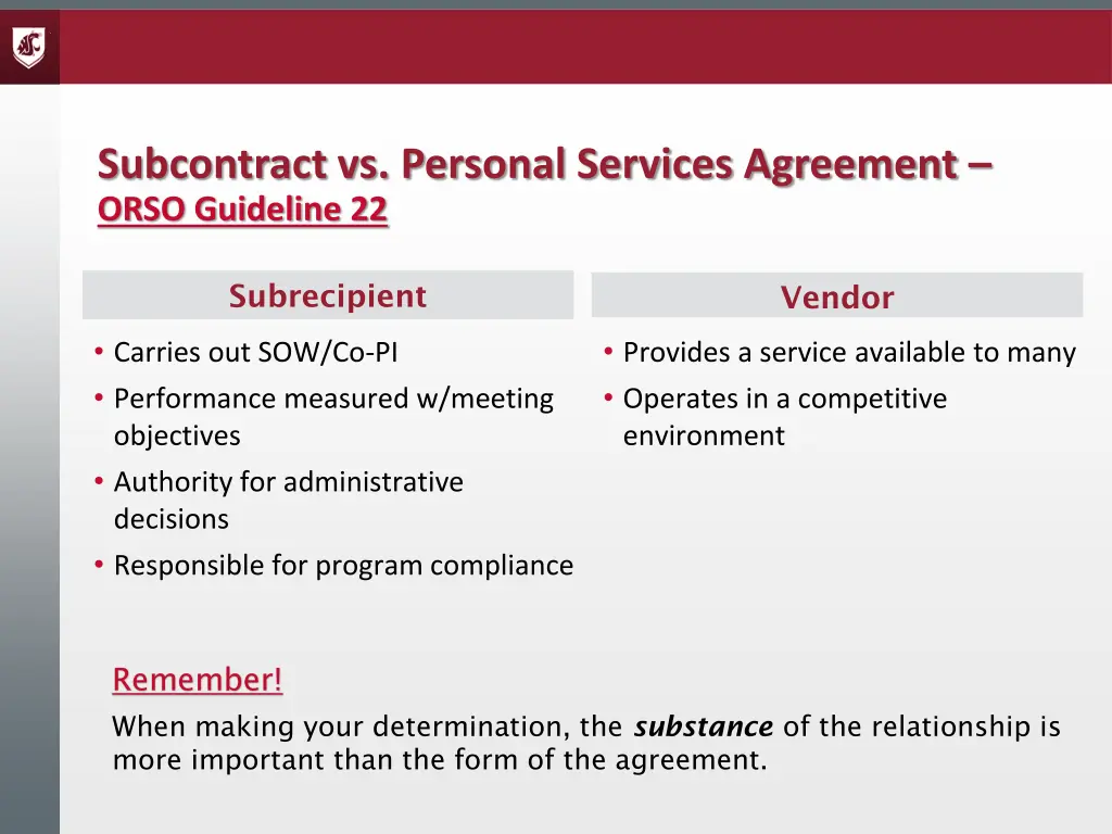 subcontract vs personal services agreement orso
