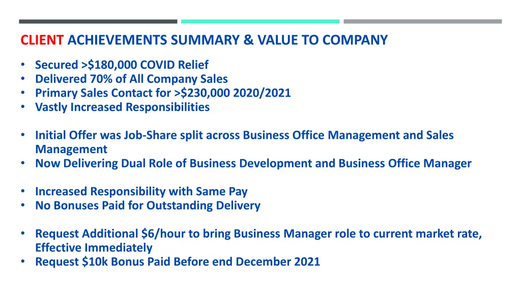 client achievements summary value to company