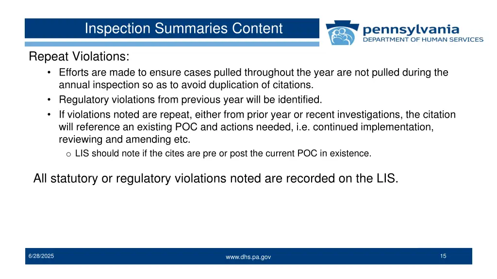inspection summaries content 1