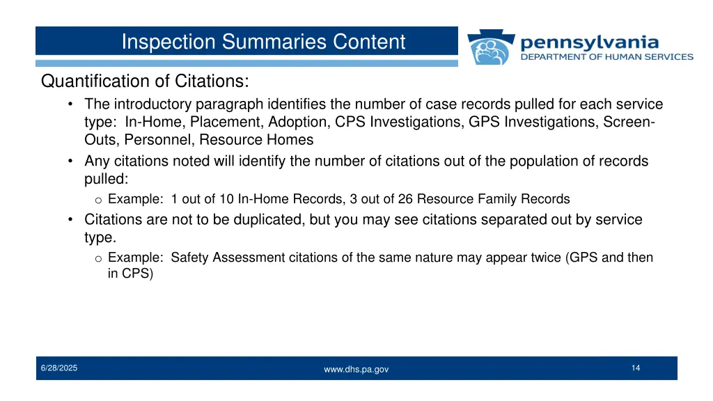 inspection summaries content