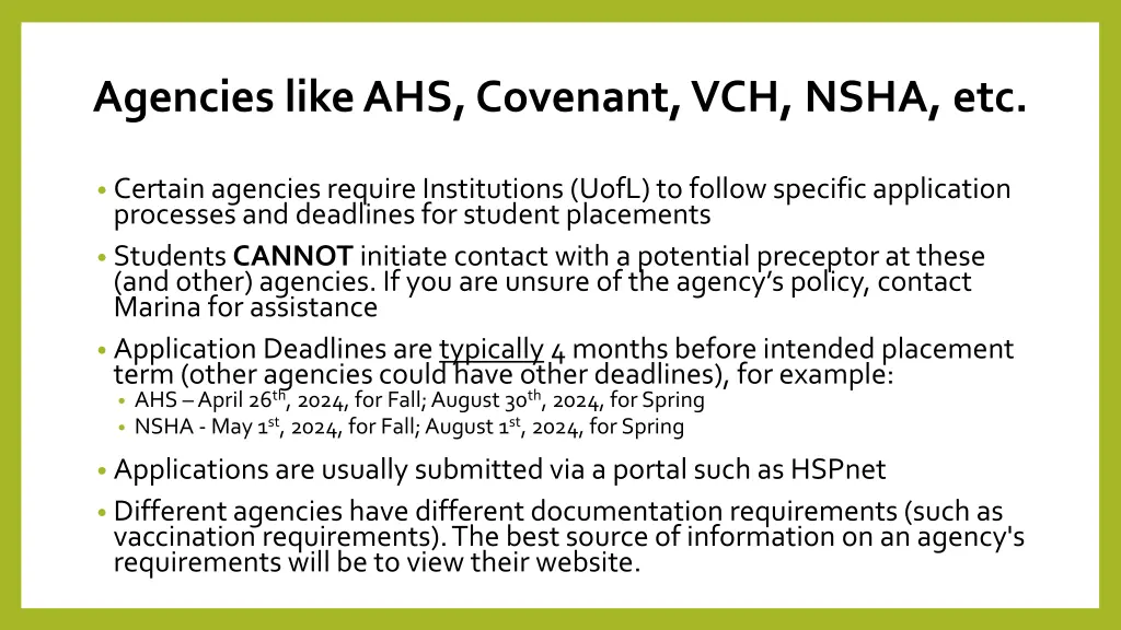 agencies like ahs covenant vch nsha etc