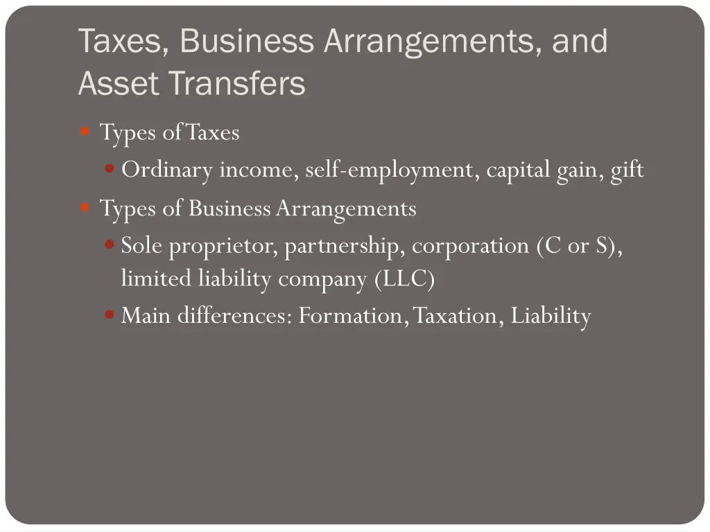 taxes business arrangements and asset transfers 1