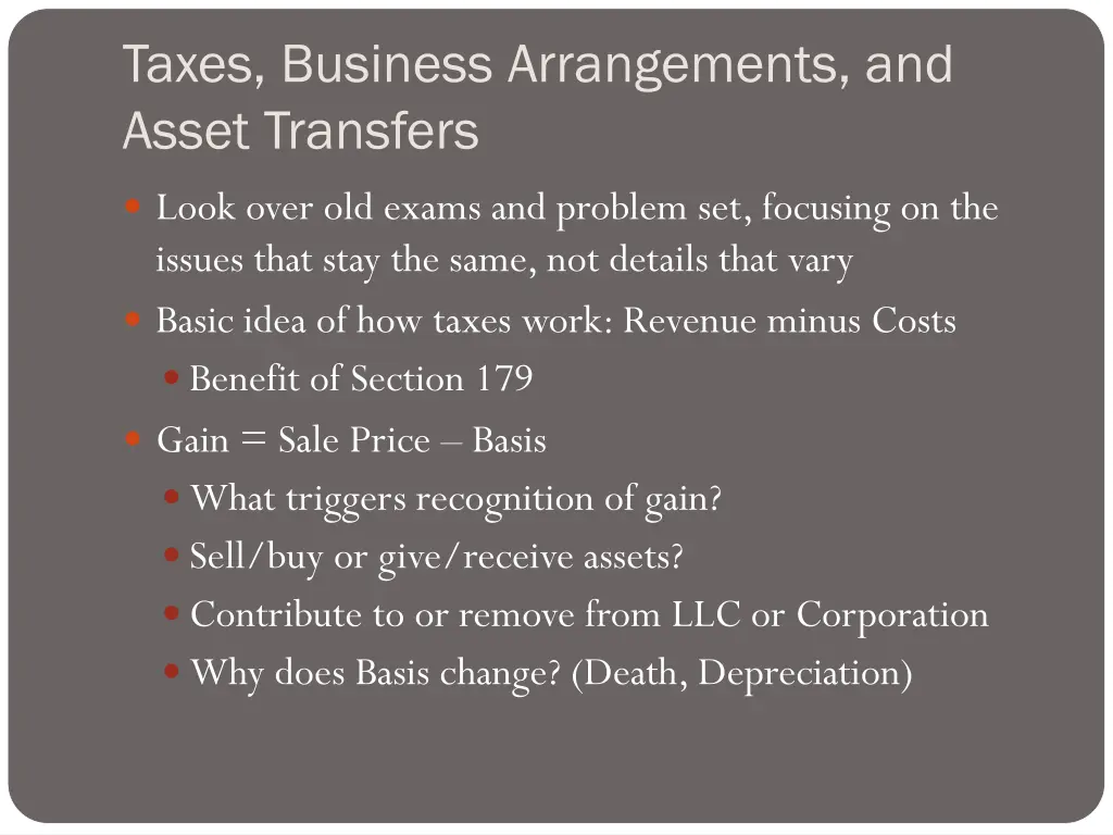 taxes business arrangements and asset transfers