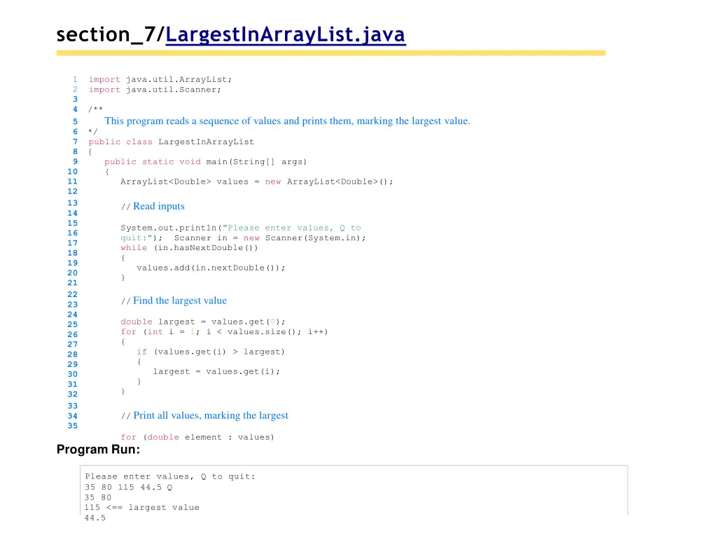 section 7 largestinarraylist java