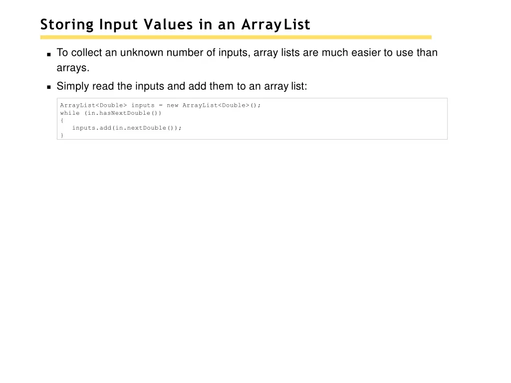 storing input values in an arraylist