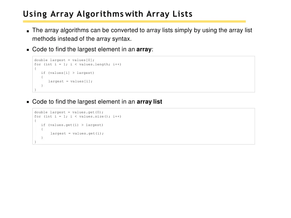 using array algorithmswith array lists