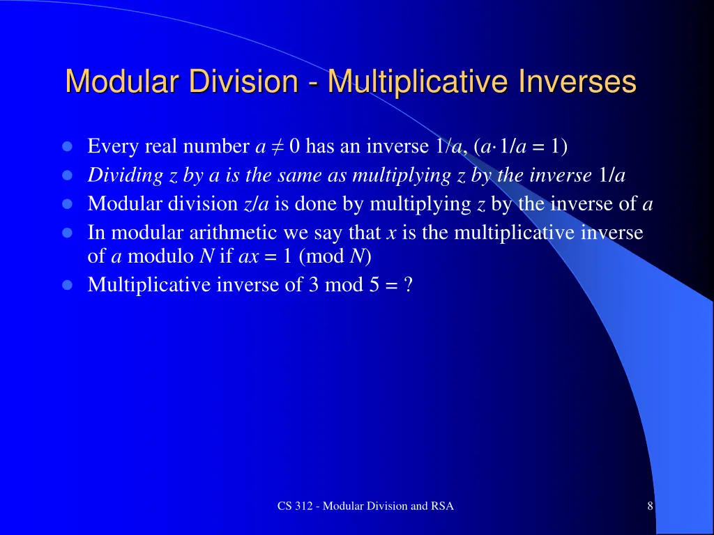 modular division multiplicative inverses