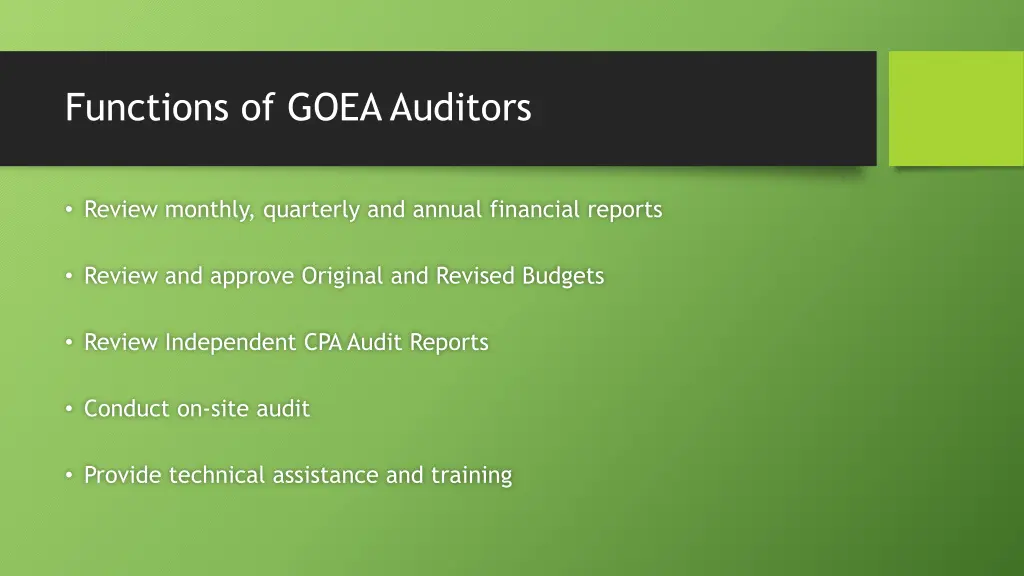 functions of goea auditors