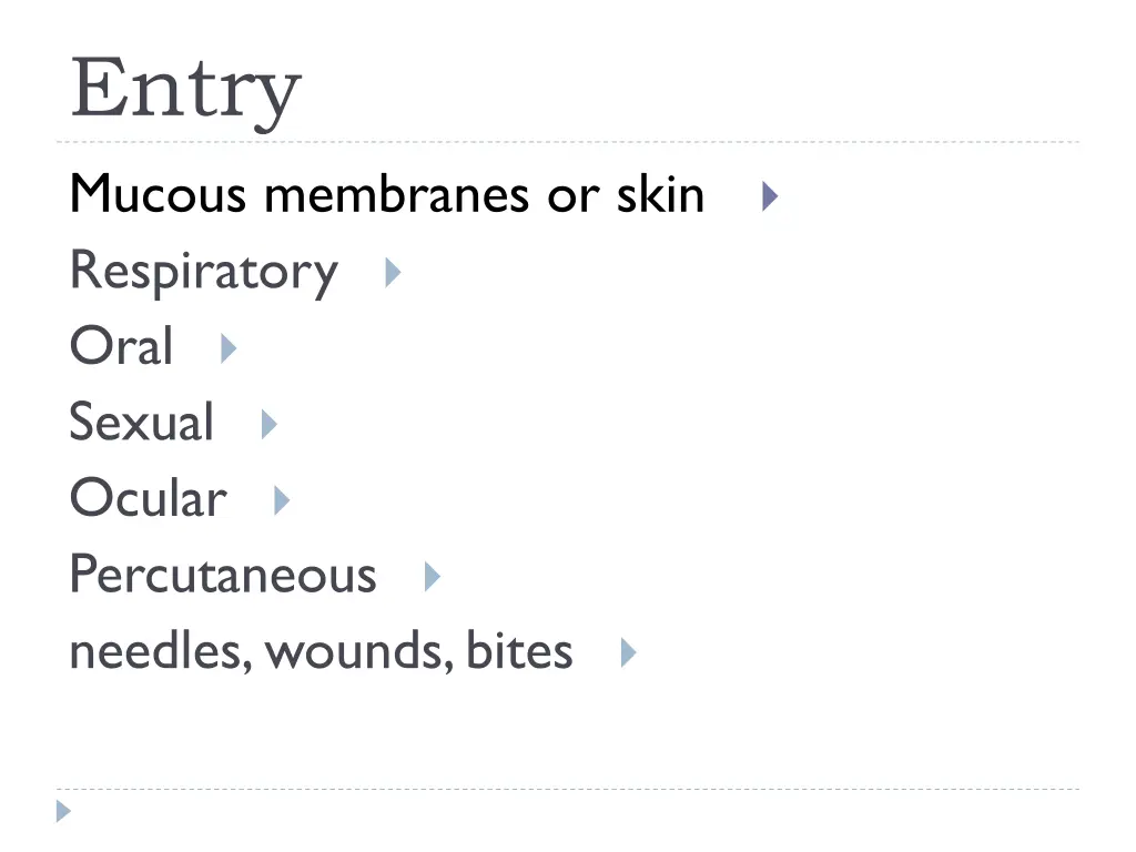 entry mucous membranes or skin respiratory oral