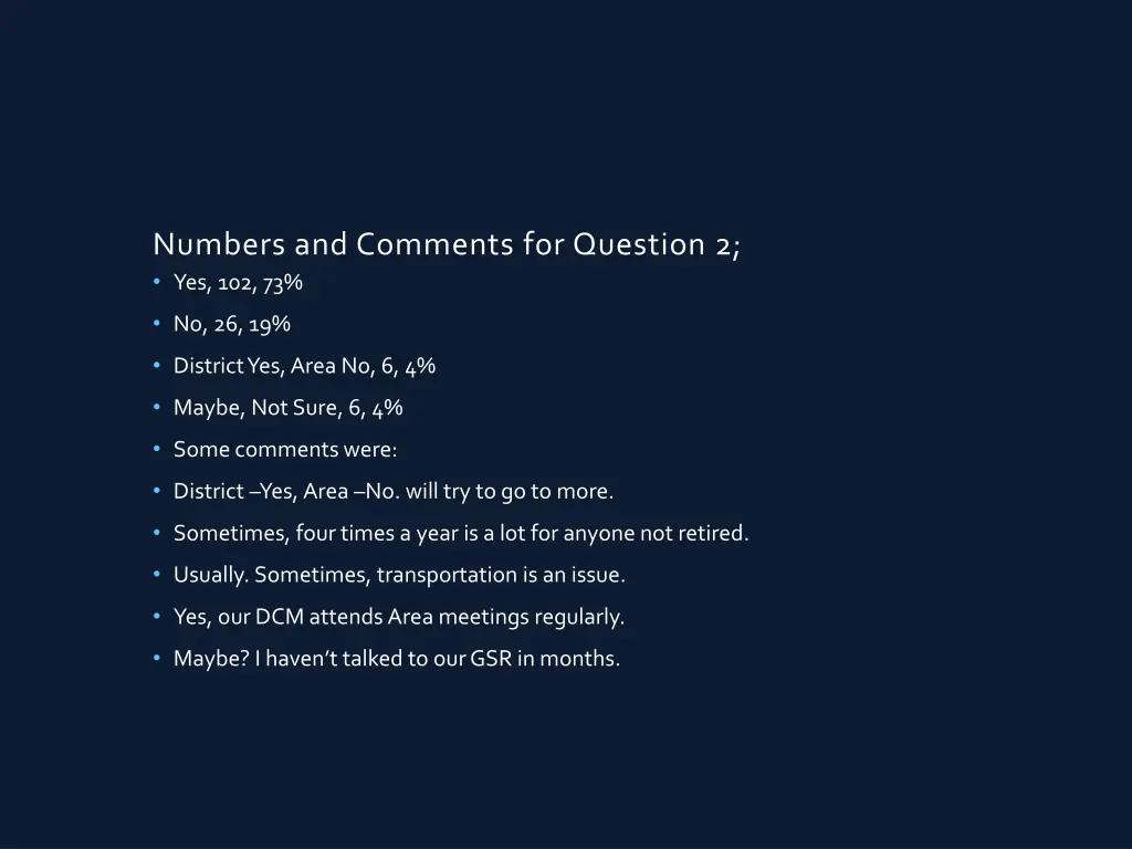 numbers and comments for question 2 yes 102 73