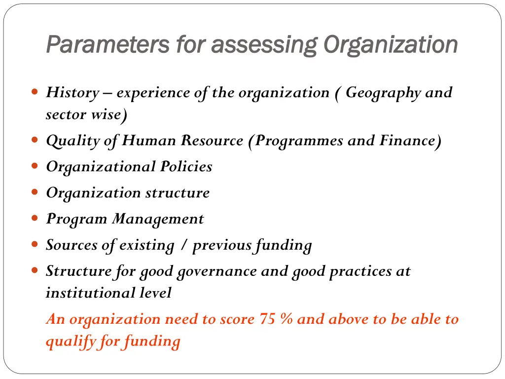 parameters for assessing organization parameters