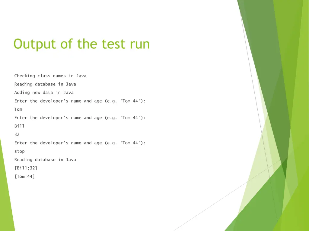 output of the test run