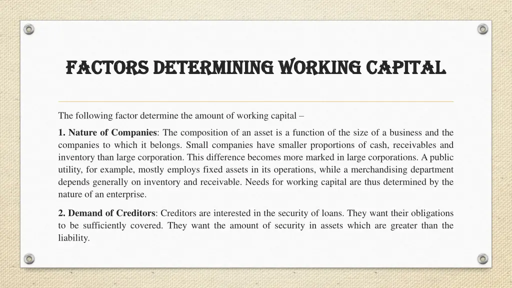 factors determining working capital factors