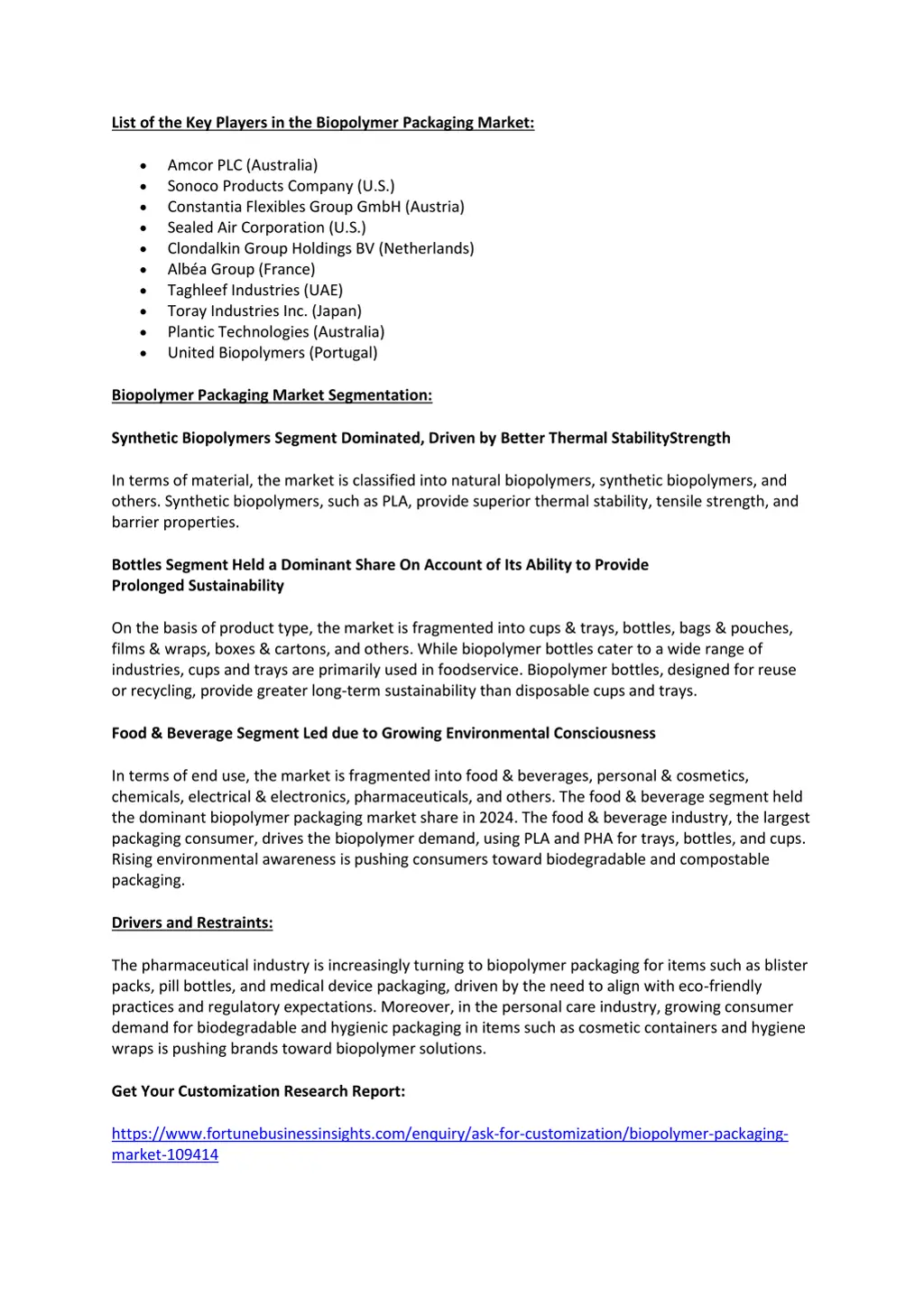 list of the key players in the biopolymer