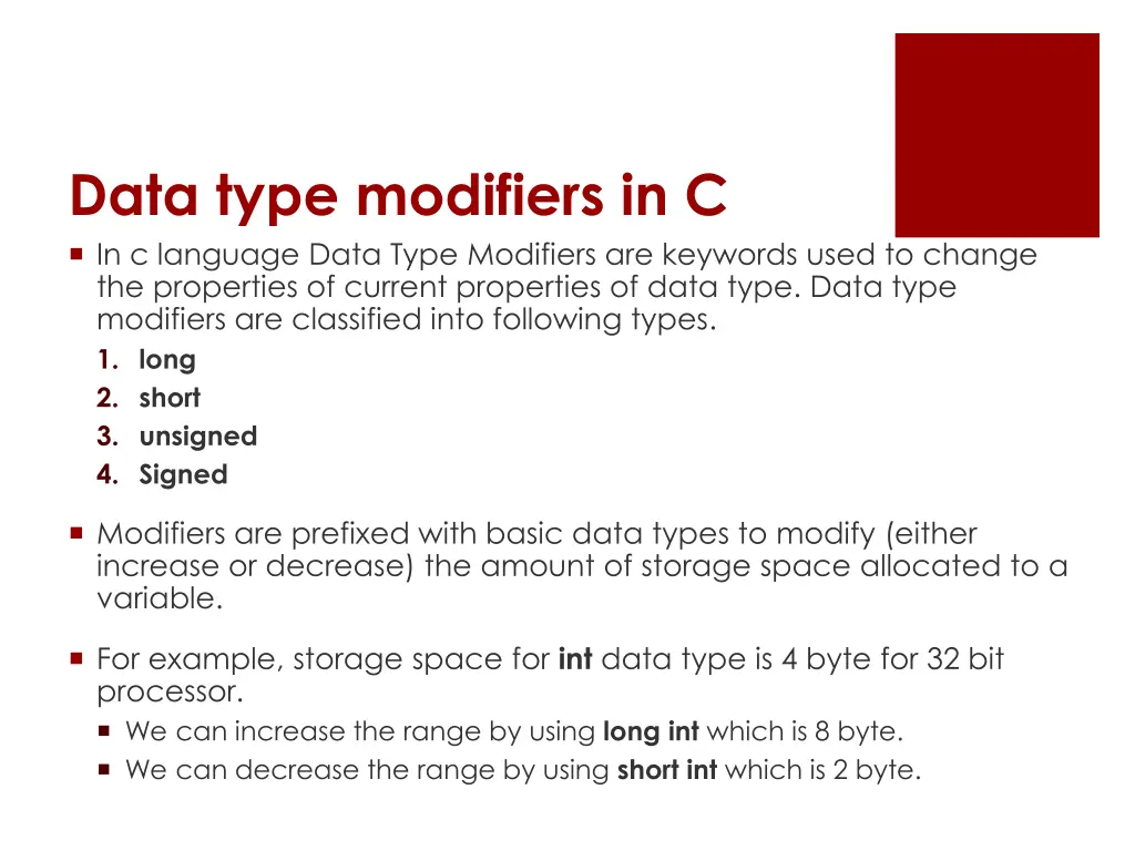 data type modifiers in c in c language data type