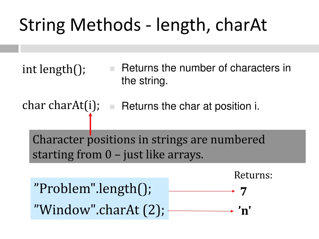 string methods length charat
