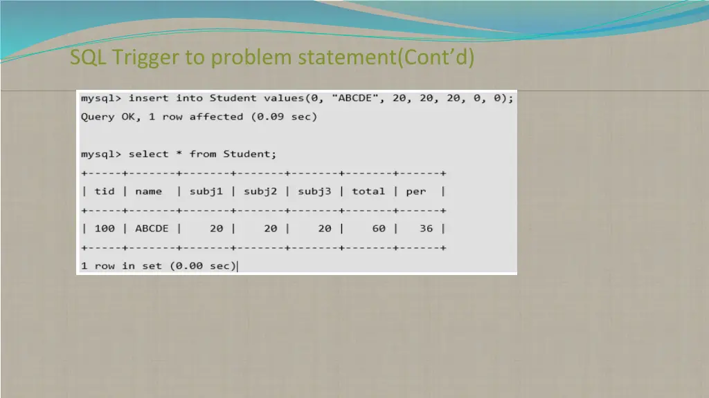 sql trigger to problem statement cont d