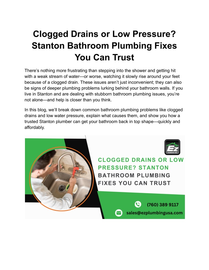 clogged drains or low pressure stanton bathroom