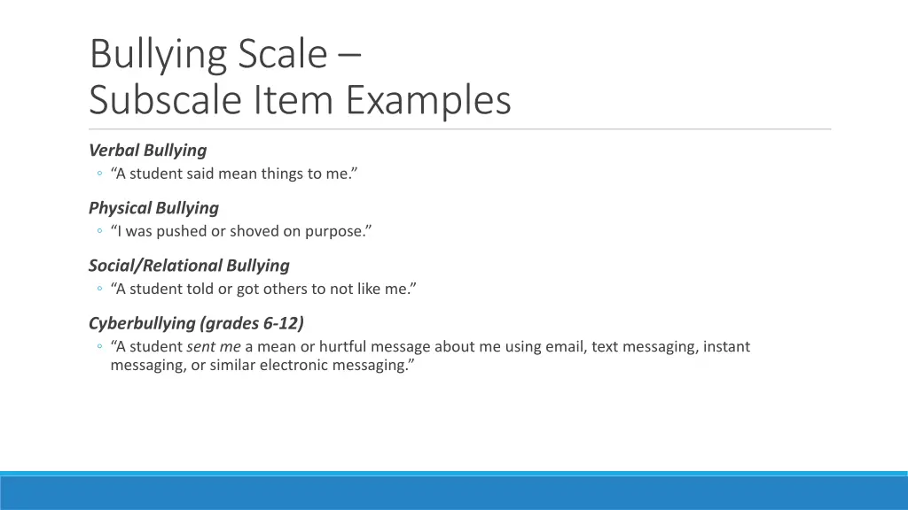 bullying scale subscale item examples