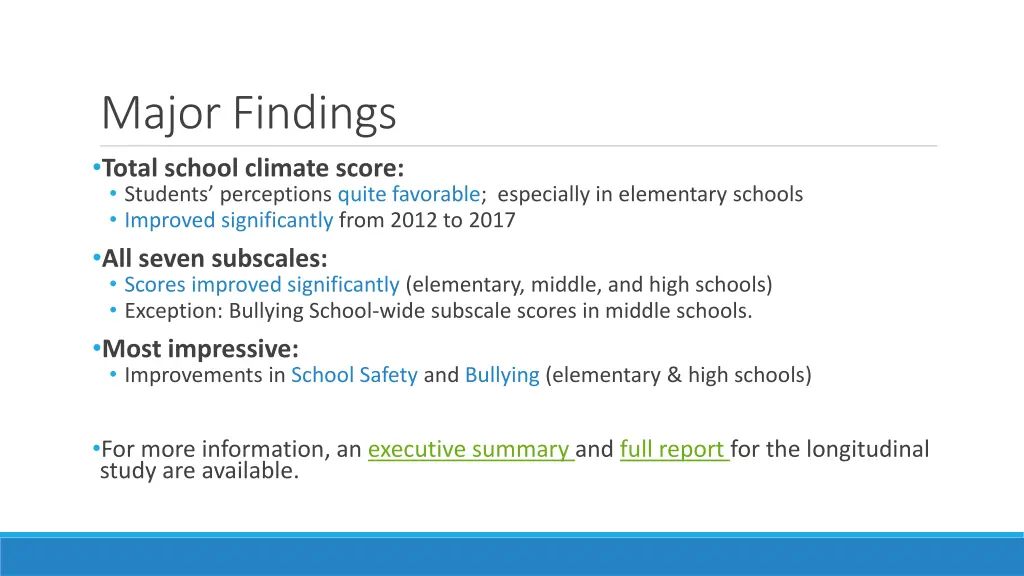 major findings total school climate score
