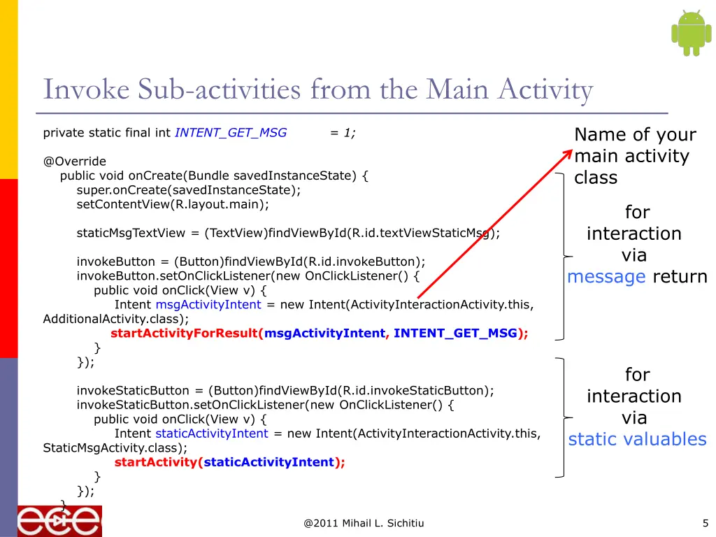 invoke sub activities from the main activity